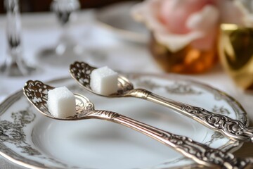 Ornate sugar tongs, sugar cubes, elegant plate.