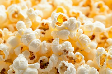 Freshly Popped Popcorn in a Close-Up View, Capturing the Light and Texture of a Delicious Snack Ideal for Movie Nights and Celebrations