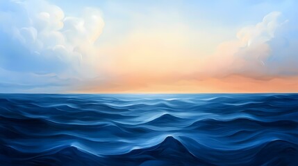 Obraz premium The image contains a painting of a calm ocean under a pastel-colored sky with soft, fluffy clouds at sunset.