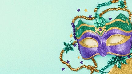 Festive mardi gras theme with colorful mask and beads for celebration