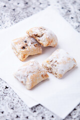 Stollen Bites on bright background. Soft focus. Close up.