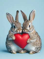 Obraz premium Two bunnies snuggle close together, each with a paw wrapped around a large red heart, set against a serene blue background.
