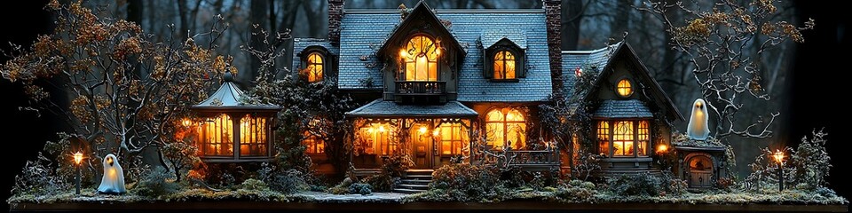 Haunted dollhouse with spooky lighting and ghostly figures 