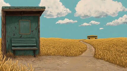 A weathered bus stop with a bench sits empty in a field of wheat.  A yellow bus drives away in the distance.