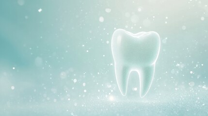 dentistry-themed background with a glowing white tooth icon surrounded by subtle sparkles, set on a soft light blue background, 16:9