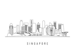 Naklejka premium Detailed Singapore skyline vector illustration. Singapore buildings in line art style, perfect for modern designs.