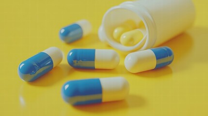 Blue and Yellow Capsules Spilled from Bottle on Yellow Background
