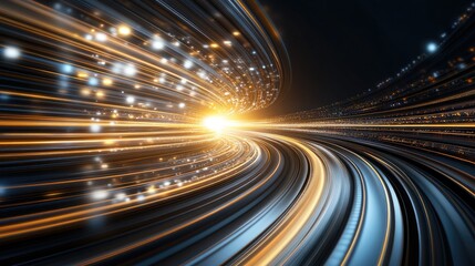 Bright light trails from fast-moving cars create a vibrant atmosphere in a modern urban landscape during nighttime