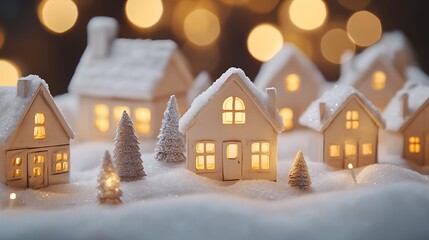 Christmas village with snow-covered houses, streetlights, and a decorated tree 