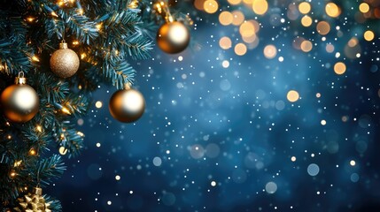 Fototapeta premium Festive Christmas tree branch with gold ornaments and bokeh lights on a blue background.