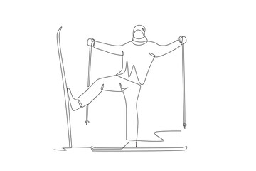 Men play skiing. Winter sport concept one-line drawing