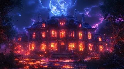 Naklejka premium Haunted mansion with glowing windows and a full moon 