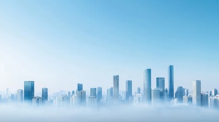 Obraz premium Skyline view of a modern city with skyscrapers and clear blue sky above a layer of soft white mist