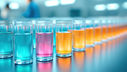Rows of test tubes filled with vibrant solutions in various colors, showcasing scientific environment. bright hues create engaging visual experience