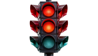Traffic Signal with Red Light and Bus Stop on White Background - Urban Photography