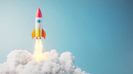 colorful rocket launches into sky, symbolizing growth and ambition. vibrant colors and dynamic flames evoke excitement and inspiration