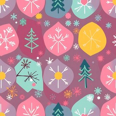 Winter Wonderland Pattern: A charming seamless pattern featuring snowflakes, stylized Christmas trees, and abstract shapes in a palette of soft pinks, purples, and teals. Perfect for festive designs.