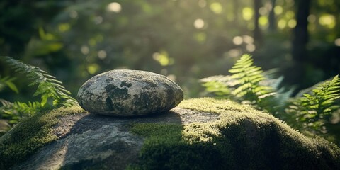 A quiet stone resting on a mossy surface in a serene forest setting with gentle sunlight filtering through the trees.