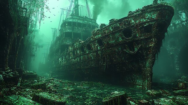 Haunted shipwreck with ghostly pirates and underwater treasures 