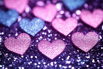 Fototapeta premium Collection of hearts with glitter on them. The hearts are pink and blue. The glitter adds a sparkly and festive touch to the scene