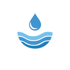 Water drop wave logo. Blue water droplet above waves symbolizes purity, freshness, and hydration. Perfect for eco or health brands.