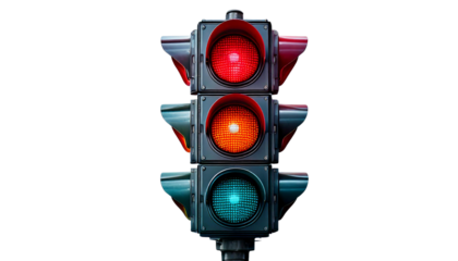 Traffic Signal with Red Light and Bus Stop on White Background - Urban Photography
