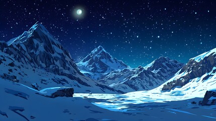 Starry sky, moonlight shining on the snowy ground, flat illustration style, simple background, cartoon style, vector graphics