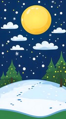Starry sky, moonlight shining on the snowy ground, flat illustration style, simple background, cartoon style, vector graphics
