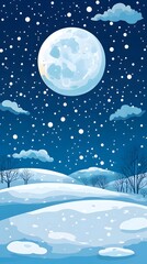 Starry sky, moonlight shining on the snowy ground, flat illustration style, simple background, cartoon style, vector graphics
