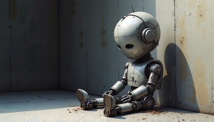 Fototapeta premium Melancholic Robot Sitting Alone in Industrial Corner