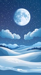 Starry sky, moonlight shining on the snowy ground, flat illustration style, simple background, cartoon style, vector graphics