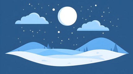Starry sky, moonlight shining on the snowy ground, flat illustration style, simple background, cartoon style, vector graphics