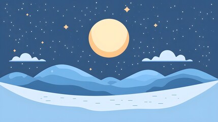 Starry sky, moonlight shining on the snowy ground, flat illustration style, simple background, cartoon style, vector graphics
