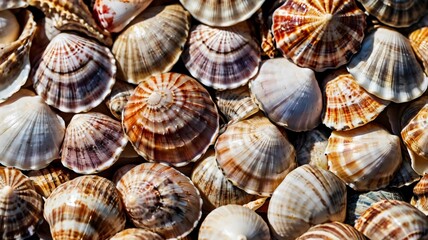 Toned image of many sea shells in pile. Lots of scallop seashells piled together background close up
