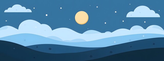 Starry sky, moonlight shining on the snowy ground, flat illustration style, simple background, cartoon style, vector graphics