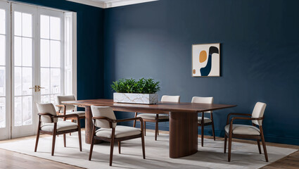 Fototapeta premium A sleek dining room featuring a blank navy blue wall, a walnut table with a built-in planter, fabric-seated chairs, and minimalist abstract art, creating a modern and elegant atmosphere
