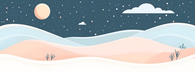 Starry sky, moonlight shining on the snowy ground, flat illustration style, simple background, cartoon style, vector graphics