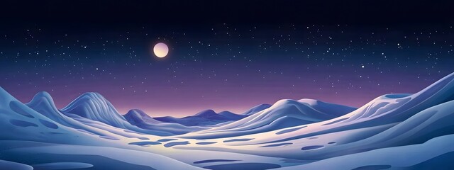 Starry sky, moonlight shining on the snowy ground, flat illustration style, simple background, cartoon style, vector graphics