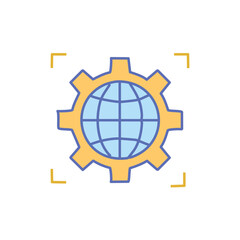 Global settings gear. World connection engineering;  International mechanism, symbolizing global operations and interconnected systems.