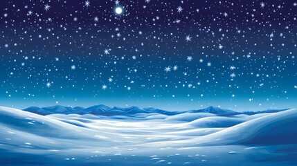 Starry sky, moonlight shining on the snowy ground, flat illustration style, simple background, cartoon style, vector graphics