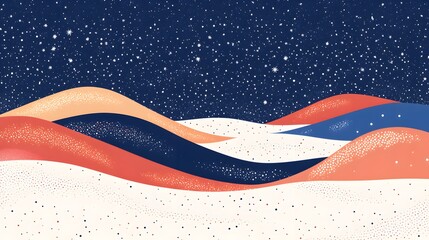 Starry sky, moonlight shining on the snowy ground, flat illustration style, simple background, cartoon style, vector graphics