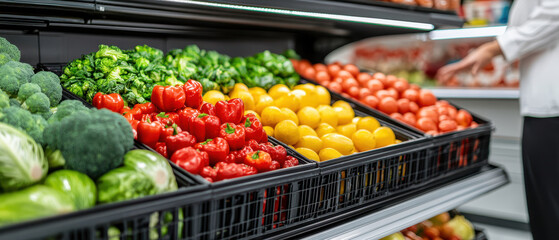 Fresh vegetables and fruits displayed in supermarket, showcasing vibrant colors and organized arrangement. scene captures essence of healthy shopping and nutrition