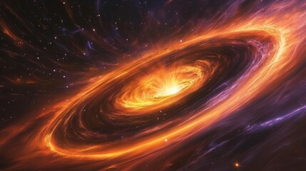 Obraz premium A mysterious and powerful outer space scene featuring a glowing black hole surrounded by swirling orange and purple light, with streaks of stars being pulled into the vortex, 16:9