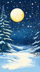 Starry sky, moonlight shining on the snowy ground, flat illustration style, simple background, cartoon style, vector graphics