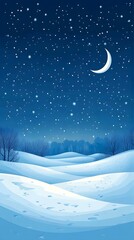 Starry sky, moonlight shining on the snowy ground, flat illustration style, simple background, cartoon style, vector graphics
