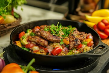 Fototapeta premium Grilled meat and vegetables in a skillet.
