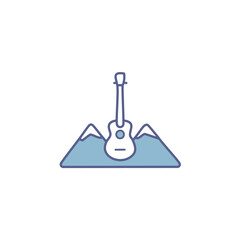 Guitar mountain peak. Acoustic guitar atop a mountain peak symbolizes musical inspiration and achievement. Tranquil scene.