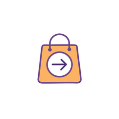 Shopping bag delivery icon. Forward arrow on a bag symbolizes quick shipment, fast delivery, and online purchasing.