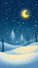 Starry sky, moonlight shining on the snowy ground, flat illustration style, simple background, cartoon style, vector graphics