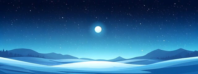 Starry sky, moonlight shining on the snowy ground, flat illustration style, simple background, cartoon style, vector graphics
